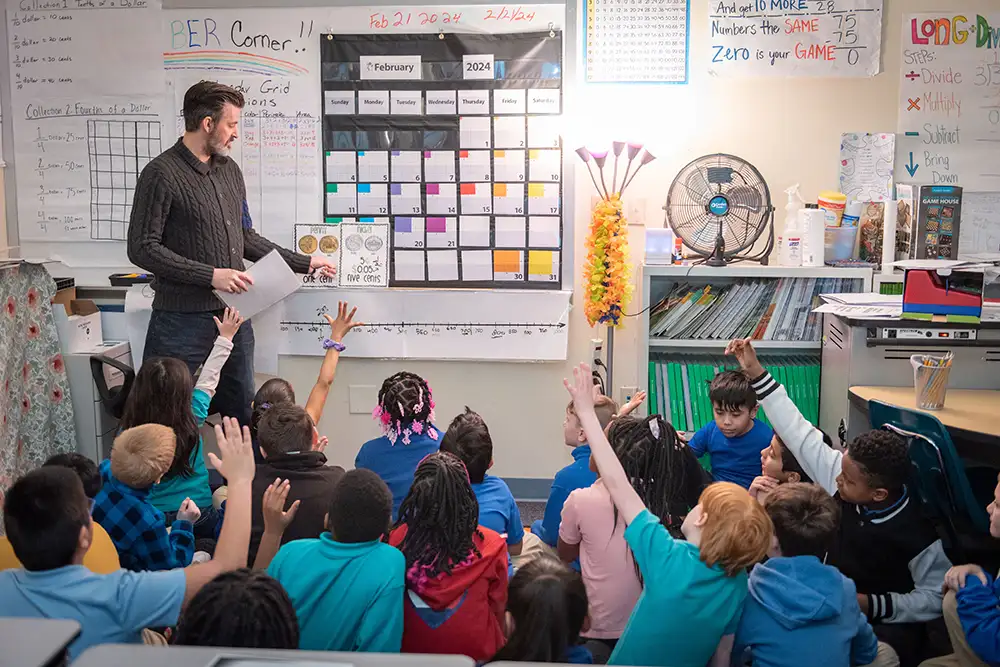 Photo of a teacher in front of a class full of kids raising their hads.